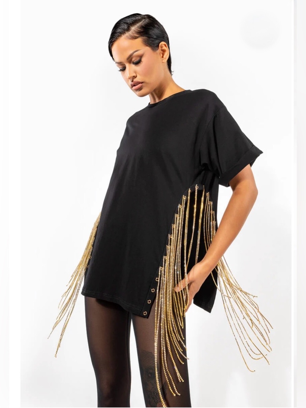 🤩 AKIRA Black Gold Rhinestone Fringe Oversized Tee Shirt Top Usher Chris Brown 🎵